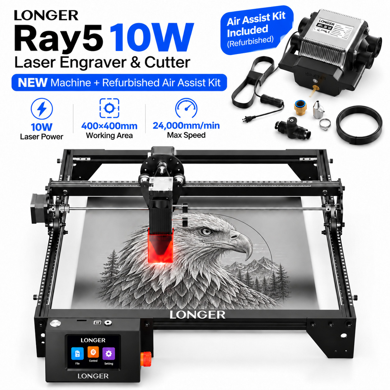 LONGER Ray5 10W Laser Engraver & Cutter, 24000mm/min, w/ Used Air Assist Kitš„ LONGER Ray5 10W Laser Engraver & Cutter, 24000mm/min, w/ Used Air Assist Kitš„