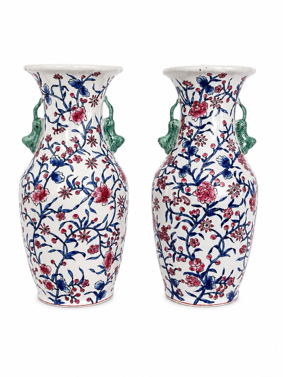 Pair Early 20th C Famille Rose Blue Rusty Red Floral Vine 10” Vases Cat Handles Pair Early 20th C Famille Rose Blue Rusty Red Floral Vine 10” Vases Cat Handles