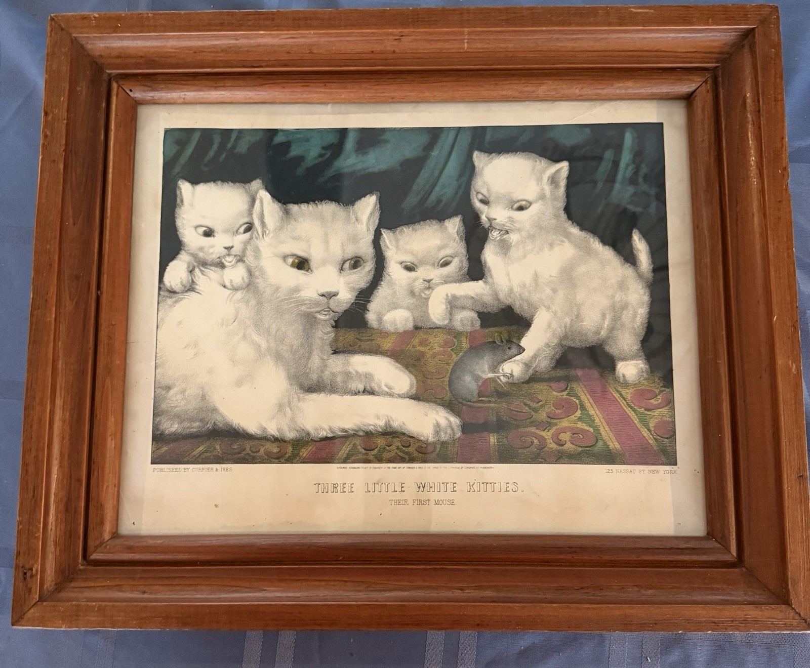 Currier & Ives Three Little White Kitties-Their First Mouse 1871 Framed 17 X 14 Currier & Ives Three Little White Kitties-Their First Mouse 1871 Framed 17 X 14