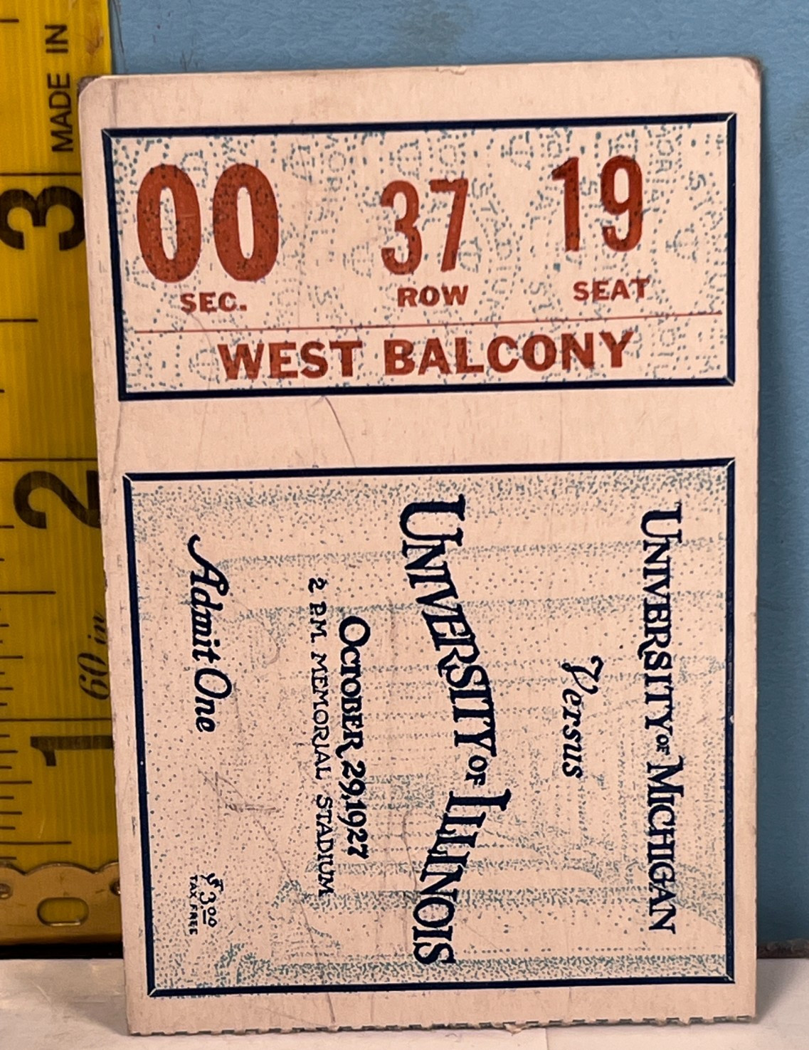 1927 Oct 29, University vs University of Illinois Ticket Stub