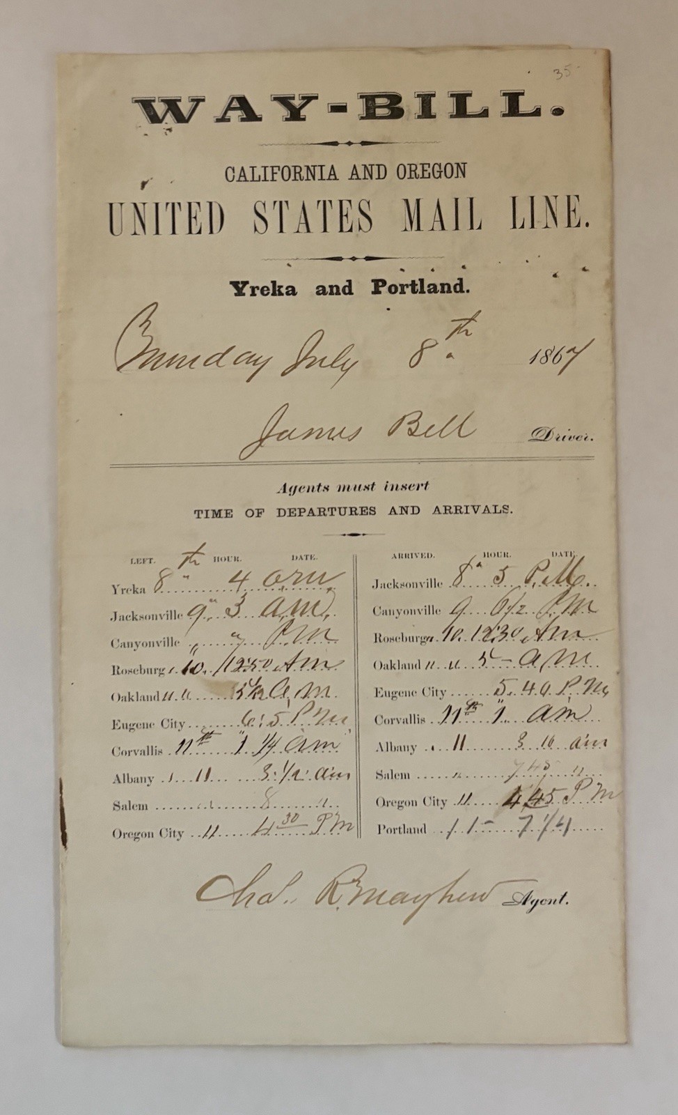 Rare 1867 Stage Coach Master Manifest Signed Agent Chas Mayhew Driver J. Bell