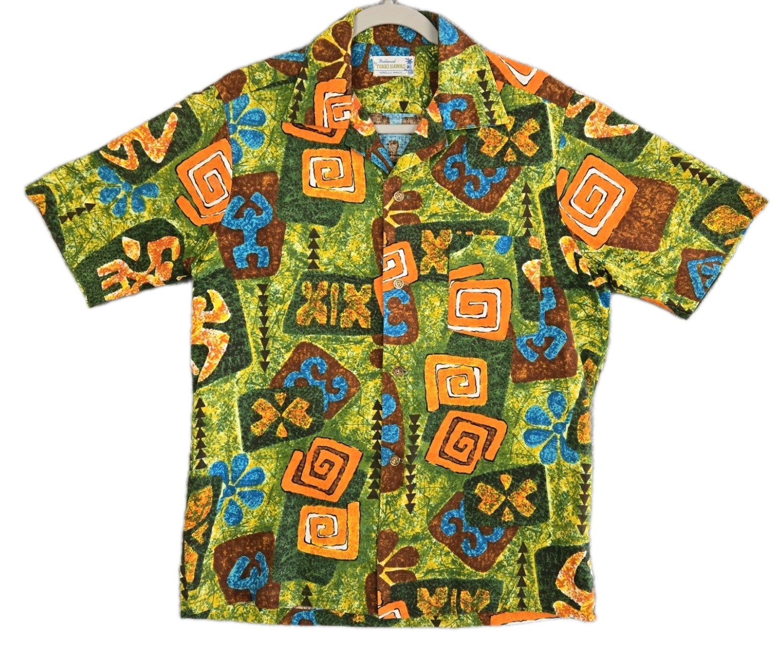Tohki Hawaii Vintage 1960s Barkcloth Hawaiian Shirt Atomic Tiki Tribal Men\'s S/M