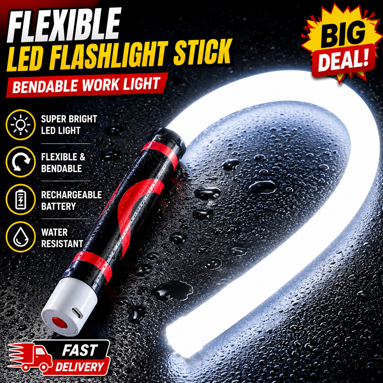75cm Flexible LED Flashlight Stick Bendable Work Light With 3 Brightness Modes