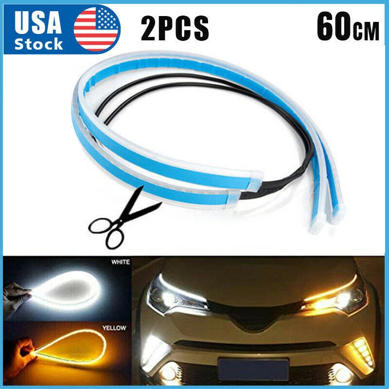 2PC 60CM LED DRL Light Amber Sequential Flexible Turn Signal Strip for Headlight