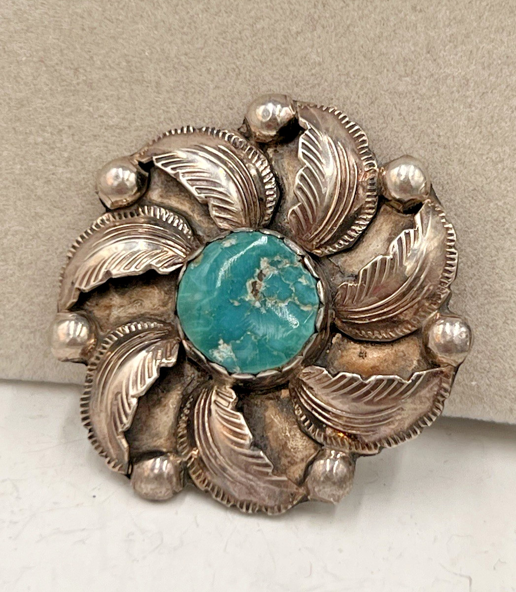 Vtg Carmelita Simplicio Turquoise Pendant Brooch Combo, Zuni Flower Leaf, 9.62 g Vtg Carmelita Simplicio Turquoise Pendant Brooch Combo, Zuni Flower Leaf, 9.62 g