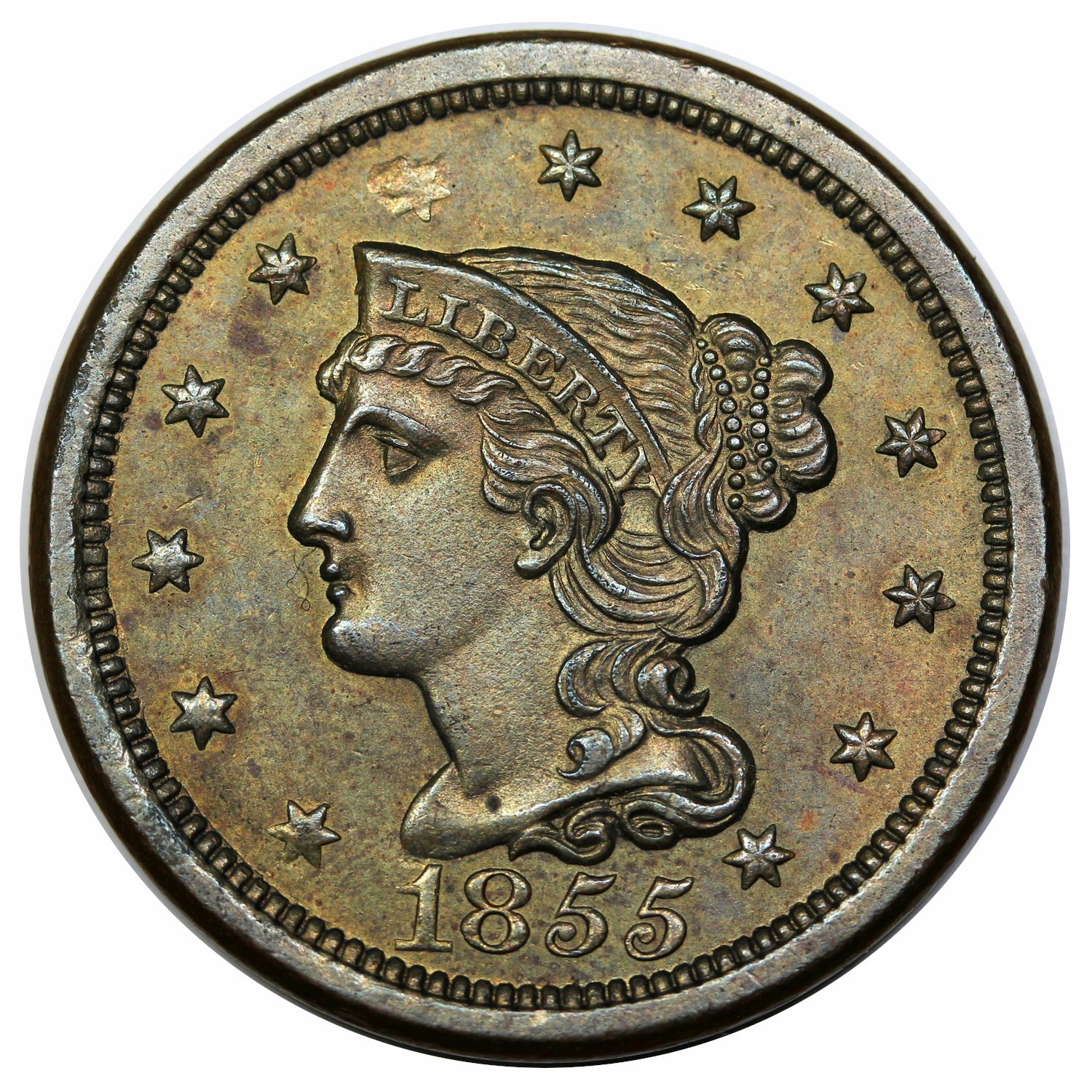 1855 Braided Hair Large Cent, Slanted 55, N-10, 12 Star Obverse