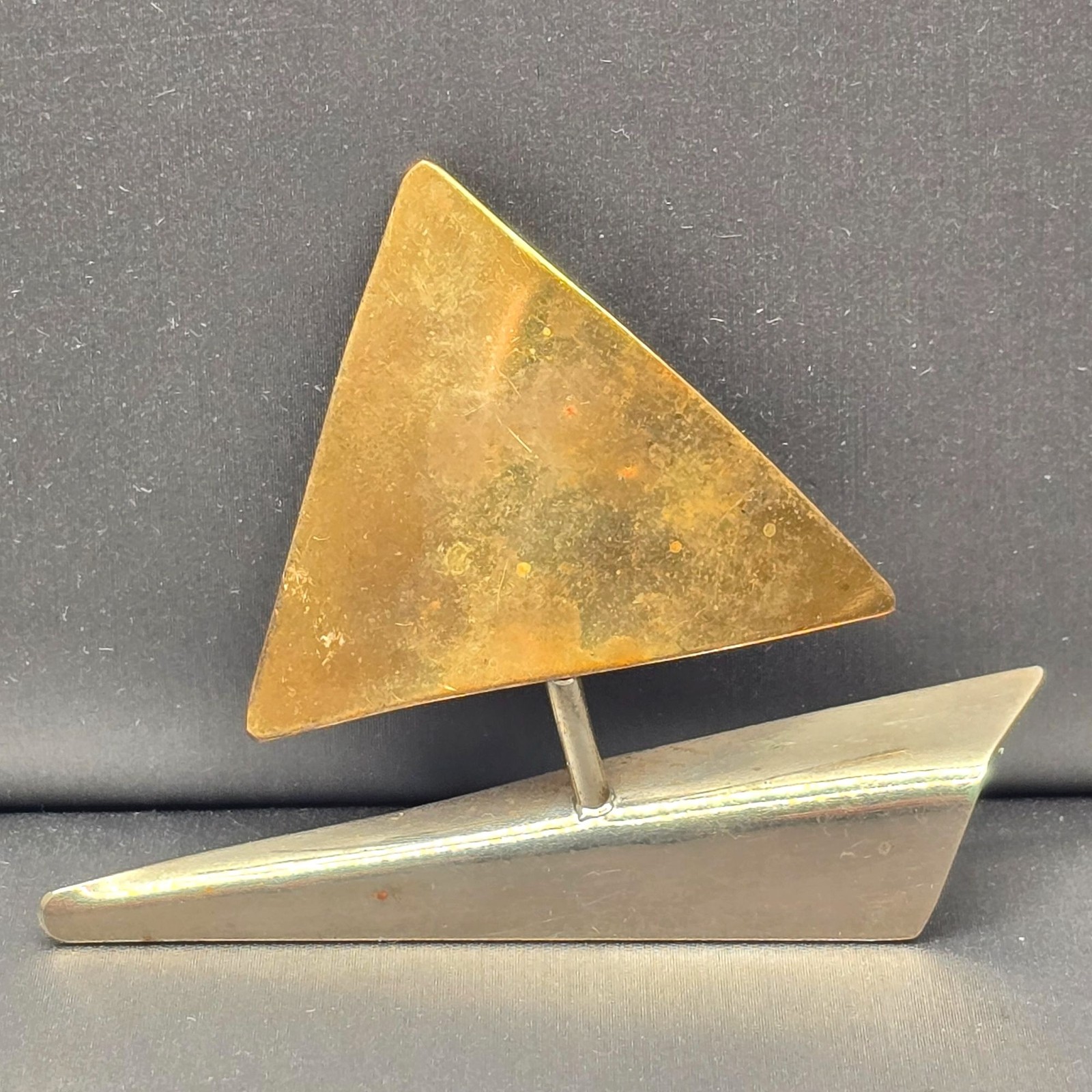 Vintage Modernist Abstract Sailboat Pin Brass Steel Geometric Brooch 2.25\