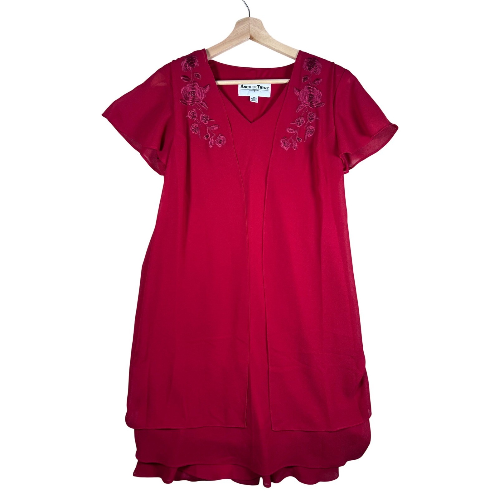 VTG Retro Dress Another Thyme Red Floral Embroidered Party Cocktail 6P Layered