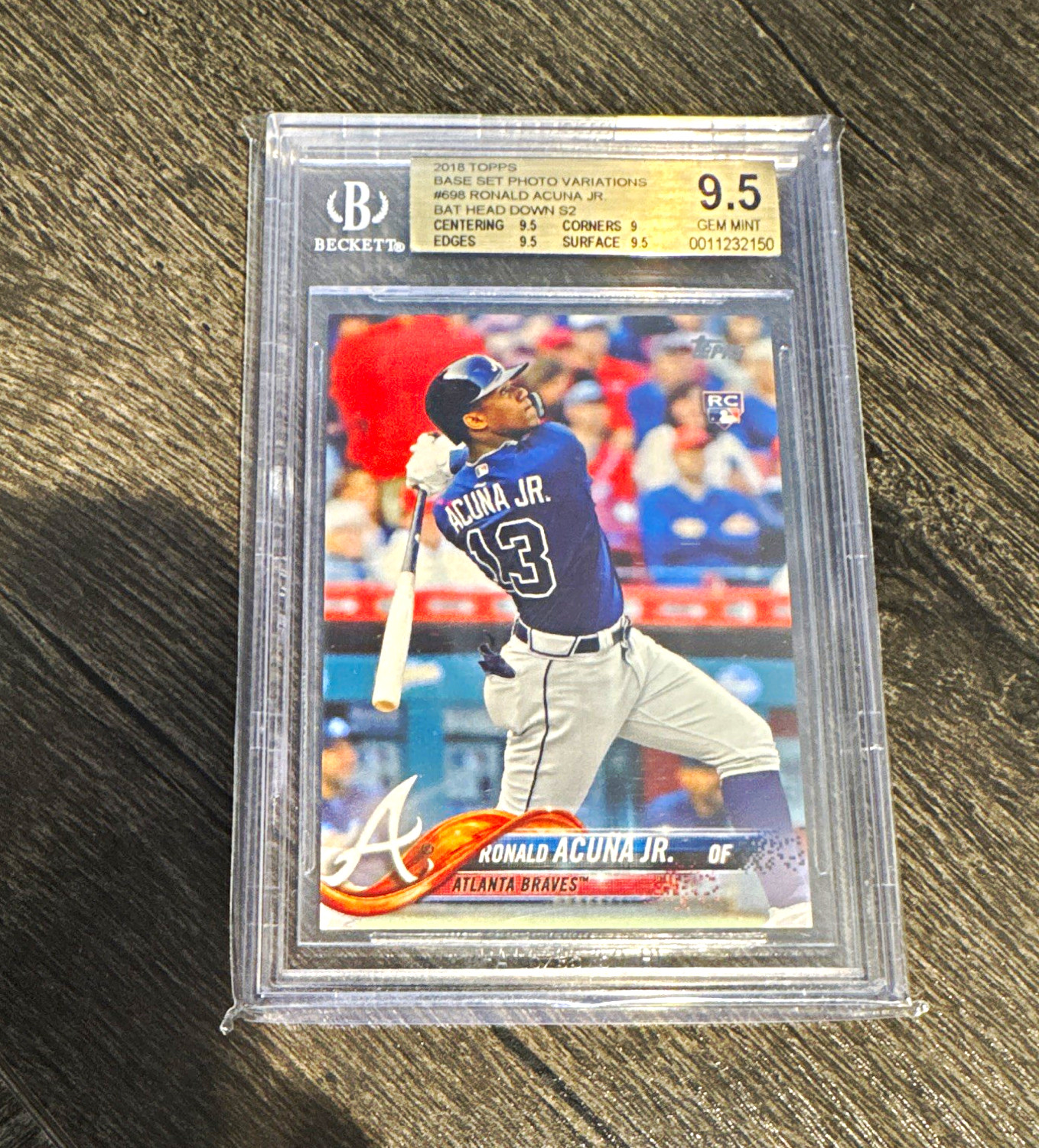 Topps 2018 Ronald Acuña Jr. Braves #698 Rookie (RC) Bat Down Photo Var BGS 9.5