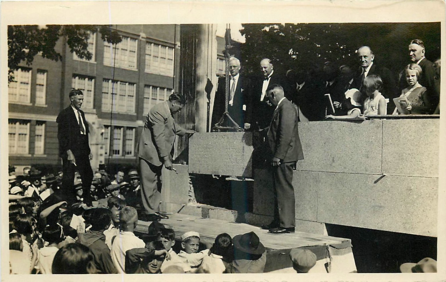 1931 RPPC Cornerstone Laying Ceremony Public Building School Children Crowd