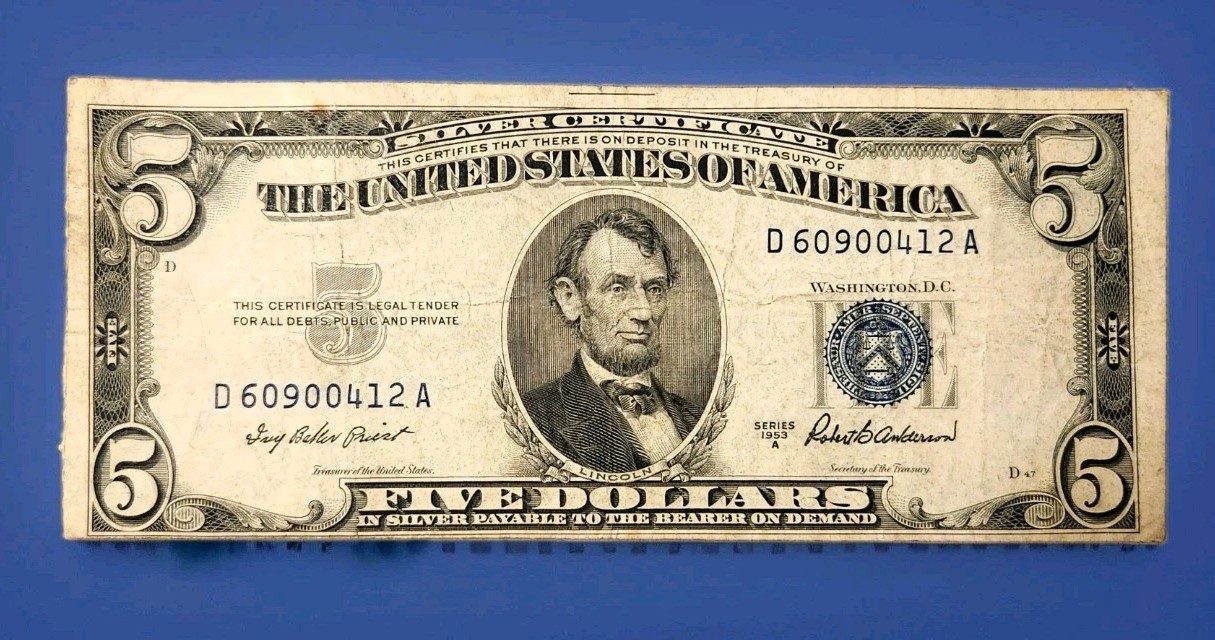 $5.00 United States Blue Seal 1953-A  (BIG ERRORS) I Used a 1934-D For Example