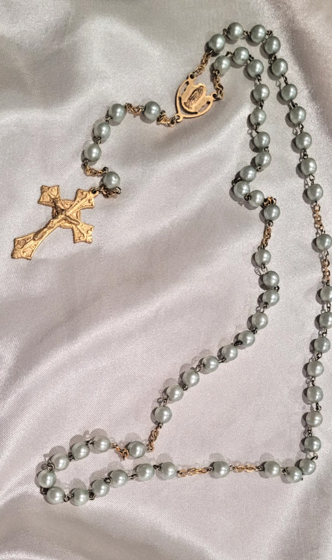 Vintage Catholic Rosary Faux Pearl Beads Ornate Gold Tone Crucifix Virgin Mary Vintage Catholic Rosary Faux Pearl Beads Ornate Gold Tone Crucifix Virgin Mary
