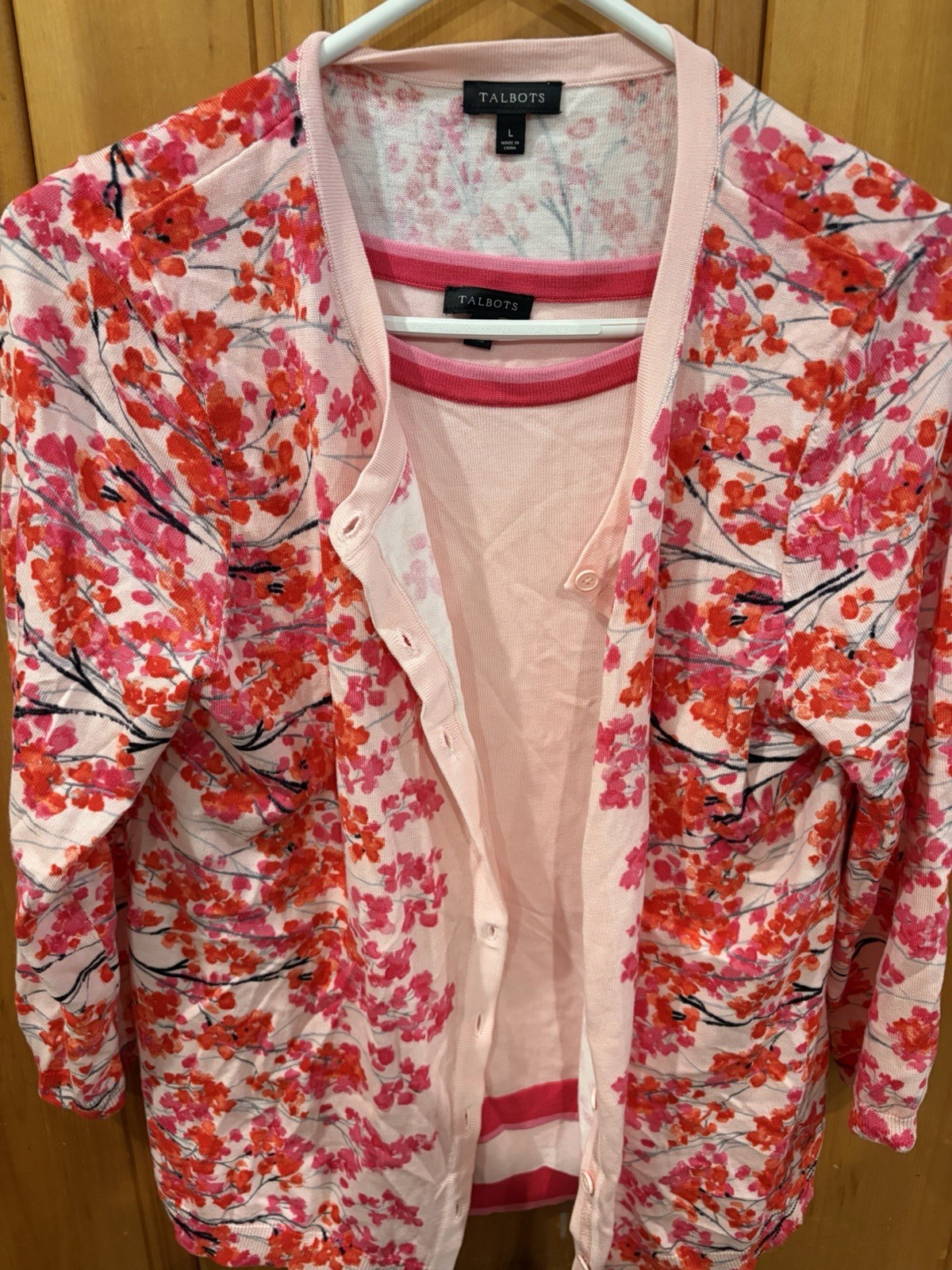 Talbots Floral Button Up Blouse Top Women\'s Sz Large Pink White Cotton Blend