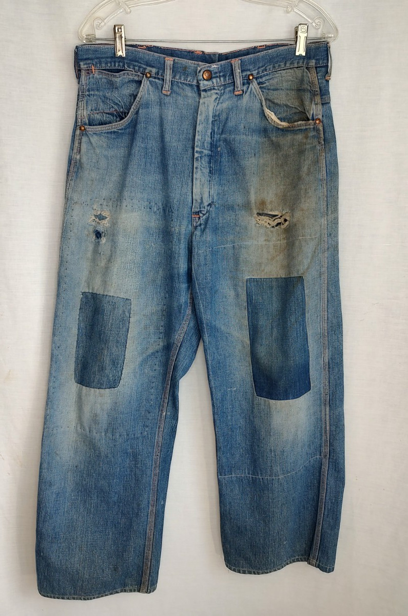 Vtg 40s/50s SR Strong Reliable Denim Jeans Farm Worn Distressed Patched Holes