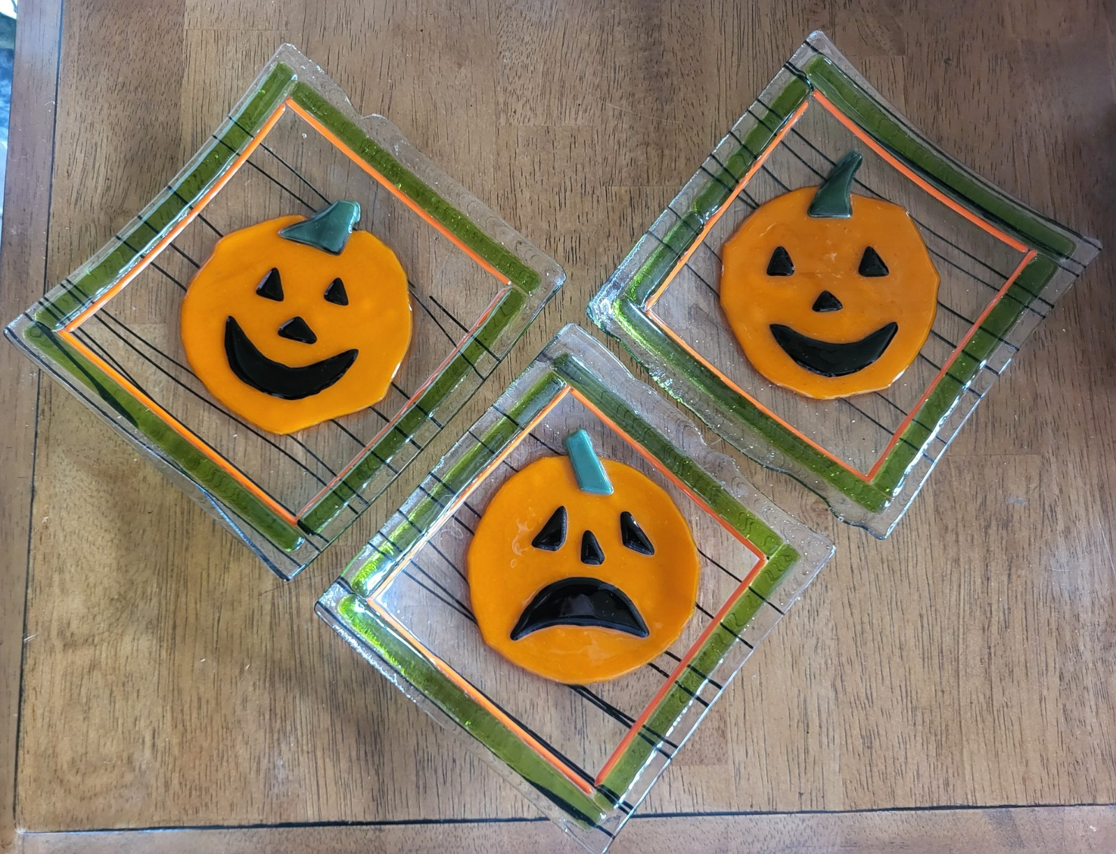 Three Handmade Fused Glass Pumpkin Decorated Plates with Applied Features 7.5\