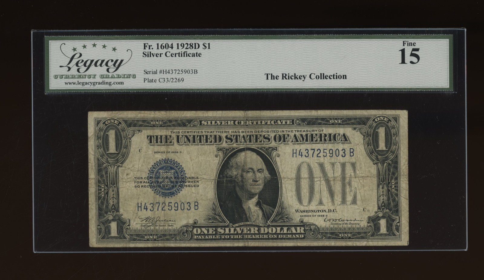 DBR Scarce 1928-D $1 Silver Fr. 1604 HB Block Legacy 15 Serial H43725903B DBR Scarce 1928-D $1 Silver Fr. 1604 HB Block Legacy 15 Serial H43725903B