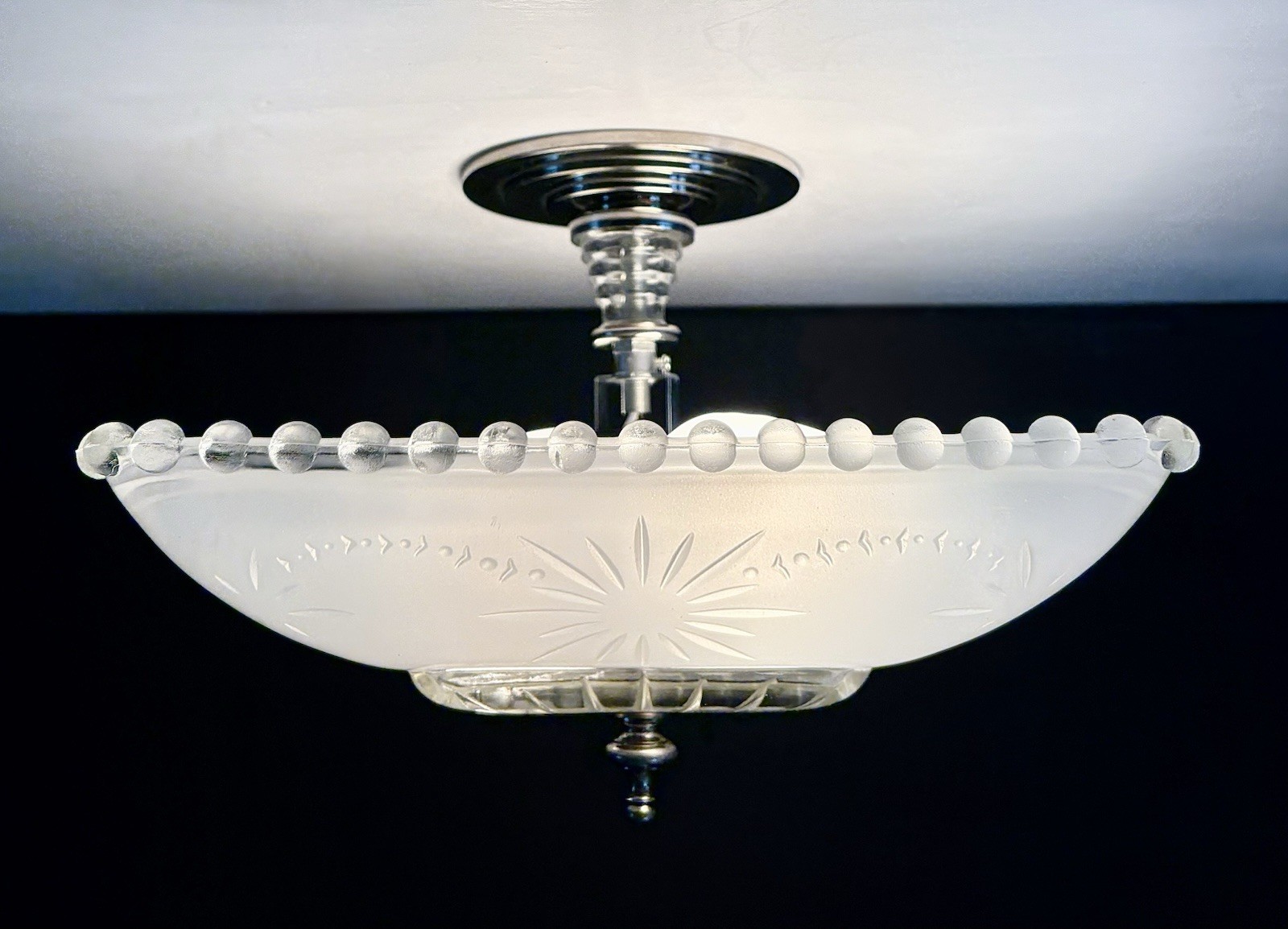 Antique 1930s 1940s Art Deco Hobnail Machine Age Glass Ceiling Light Fixture Vtg