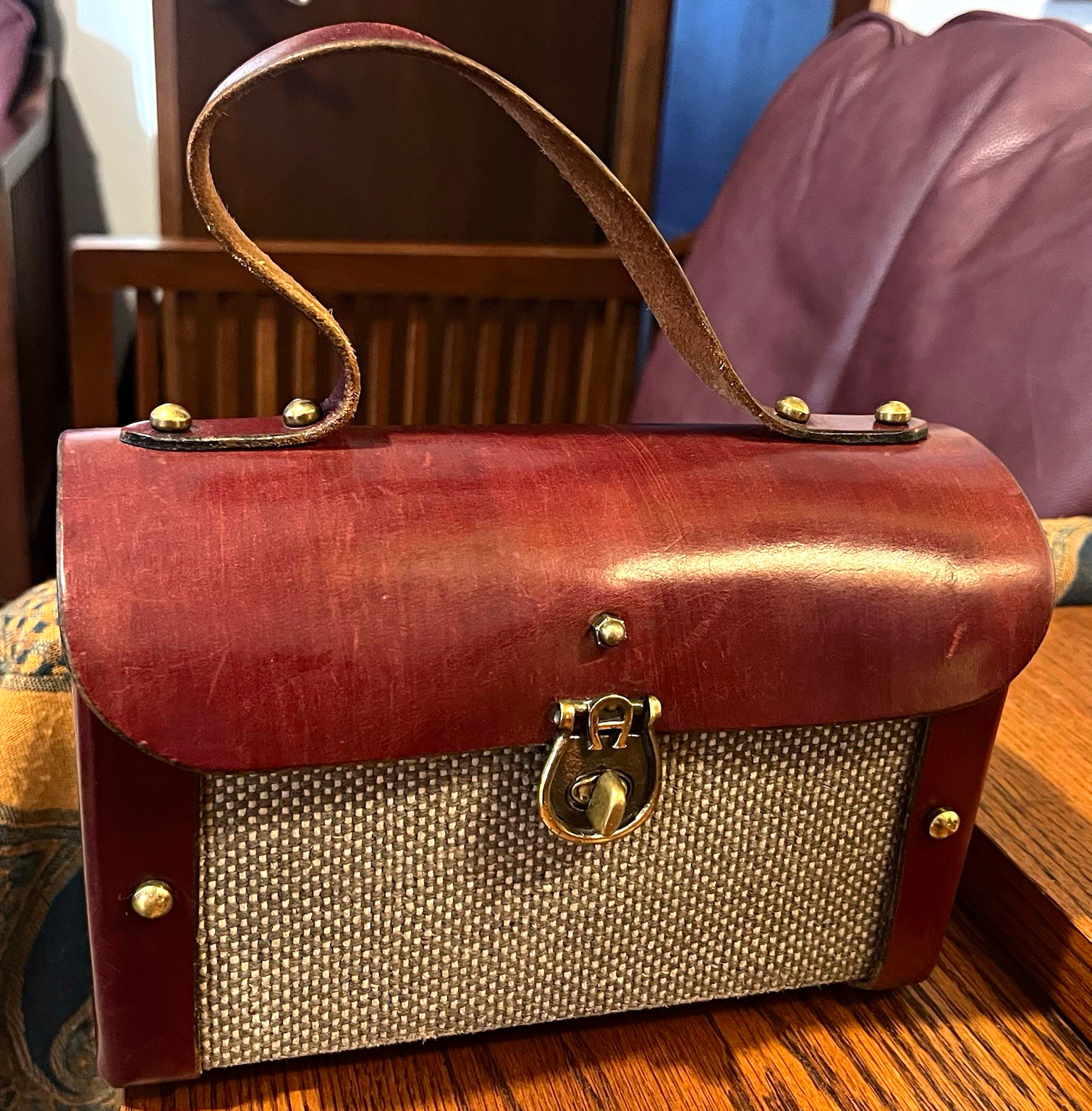 RARE Vintage 1960s Etienne Aigner HANDMADE Oxblood Leather Tweed Box Bag Satchel RARE Vintage 1960s Etienne Aigner HANDMADE Oxblood Leather Tweed Box Bag Satchel