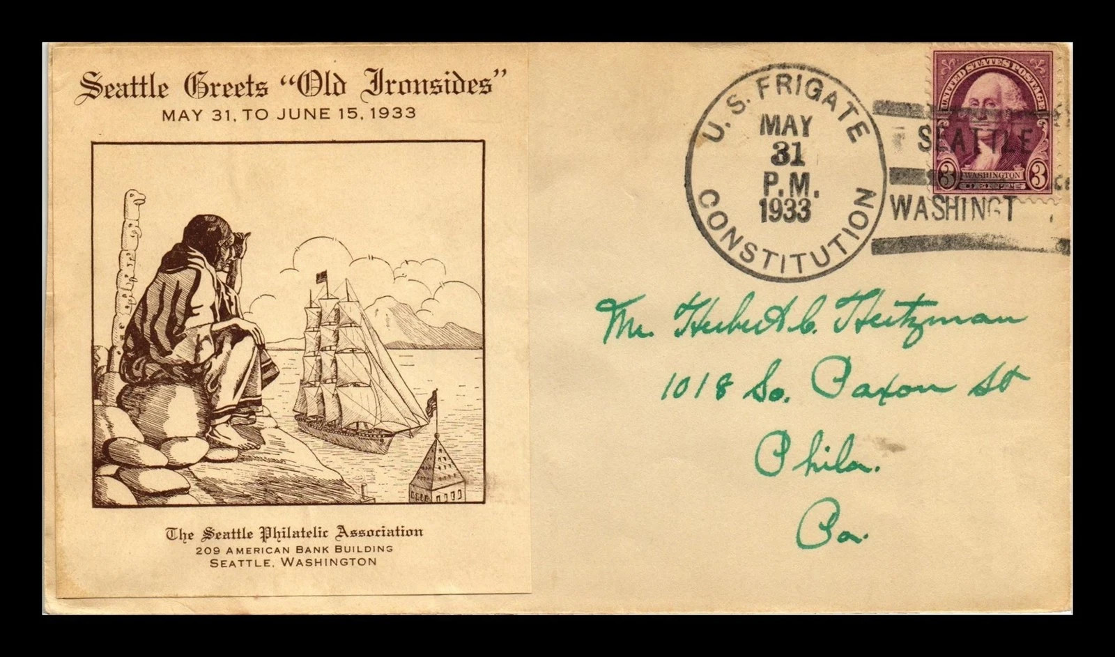 1933 SEATTLE GREETS U.S.F. CONSTITUTION OLD IRONSIDES PASTE-ON CACHET COVER 1933 SEATTLE GREETS U.S.F. CONSTITUTION OLD IRONSIDES PASTE-ON CACHET COVER
