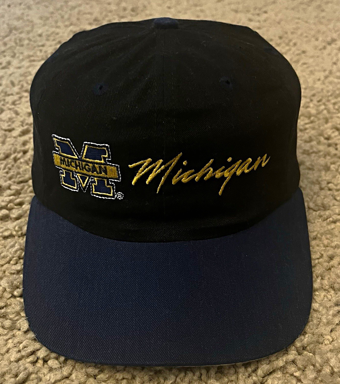Vintage 1990s Michigan Wolverines Script Block Logo Black Strap Back Hat NCAA Vintage 1990s Michigan Wolverines Script Block Logo Black Strap Back Hat NCAA