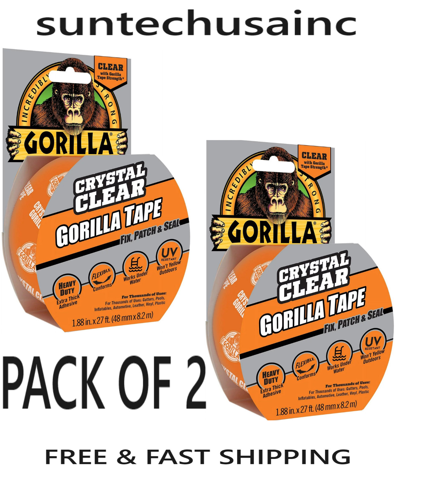 2 PACK- Crystal Clear Gorilla Tape 1.88 in X 27 ft Heavy Duty Flexible Outdoor 2 PACK- Crystal Clear Gorilla Tape 1.88 in X 27 ft Heavy Duty Flexible Outdoor