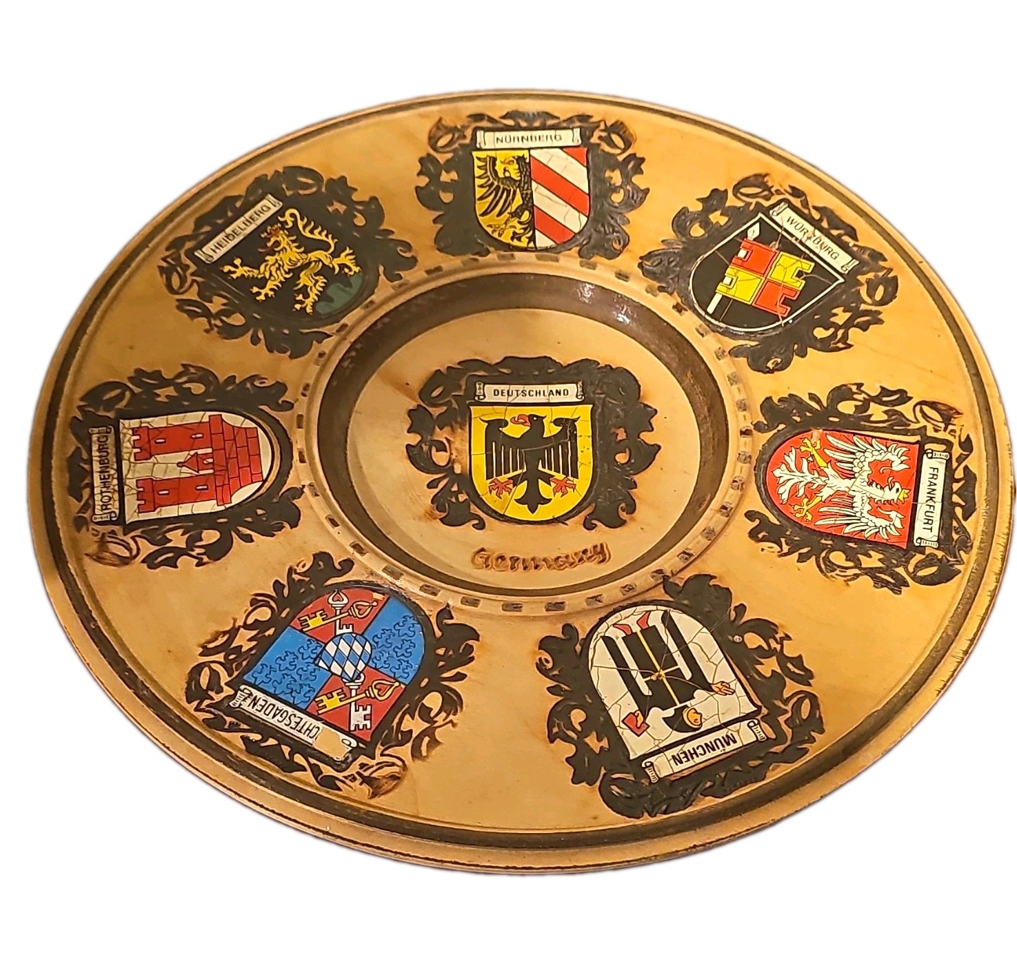 Antique German Souvenir Wooden Plate w/ City Coats of Arms (Deutschland) Antique German Souvenir Wooden Plate w/ City Coats of Arms (Deutschland)
