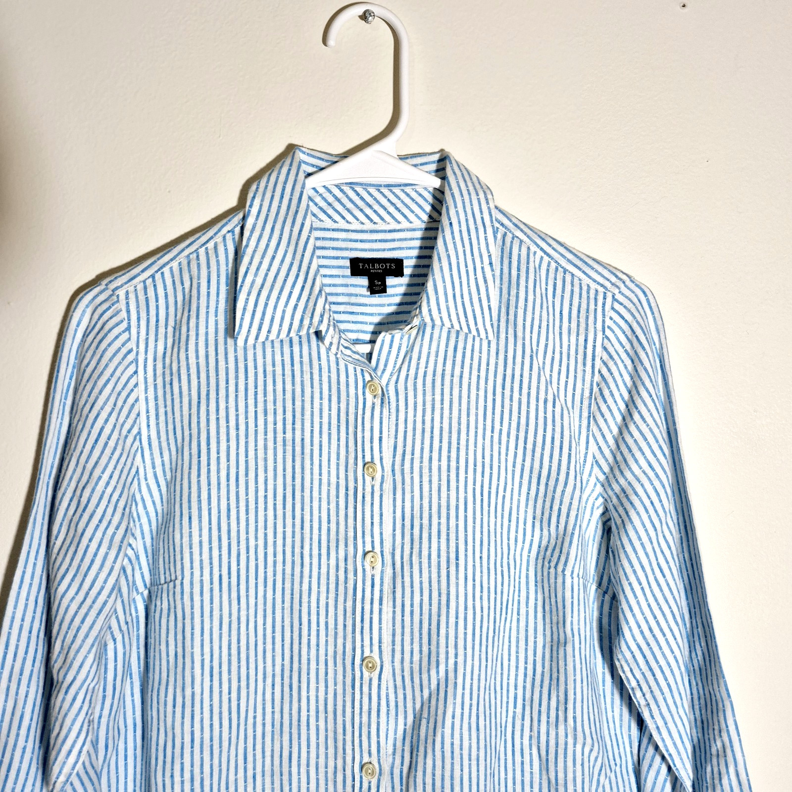 Talbots Linen Button Up Shirt Top Blouse Womens Small Petite Blue White Striped