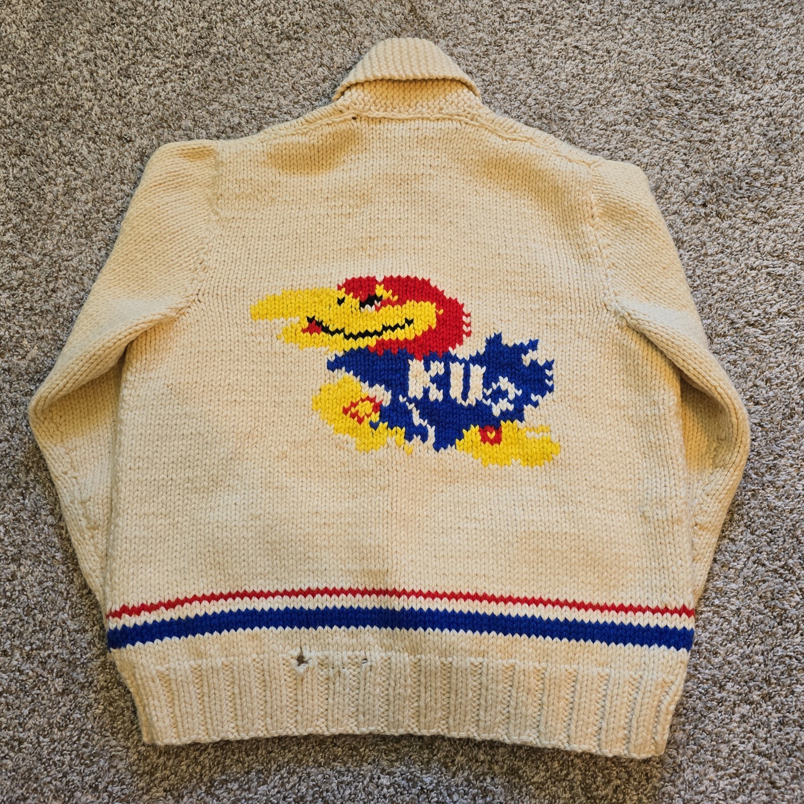 Vintage 60s Handmade Cowichan KU Jayhawks Kansas University Sweater Cardigan