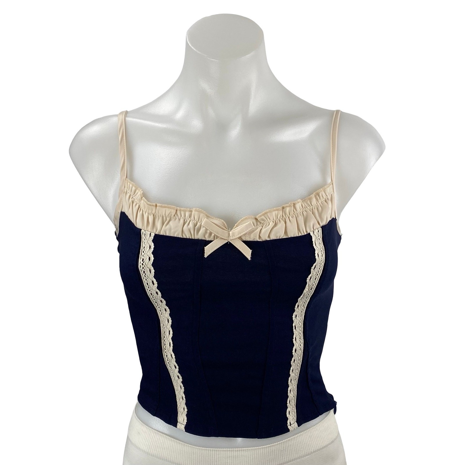Motel Women\'s Navy Blue Lace Bow Corset Bustier Sleeveless Cami Crop Top Size XS