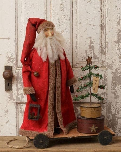 Primitive Christmas LARGE OLD TIME SANTA ON CART Standing Doll Figure