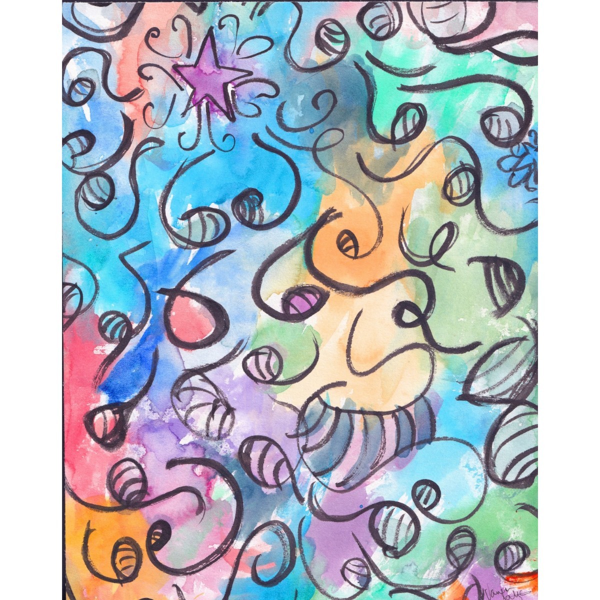 Watercolor/Ink Whimsical Swirls Colorful Abstract Art Print 8x10 By Vanessa S.