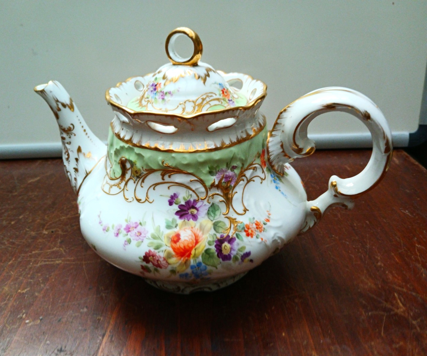 Antique Richard Klemm Dresden Germany Porcelain Floral Teapot Gold Gilt c1900