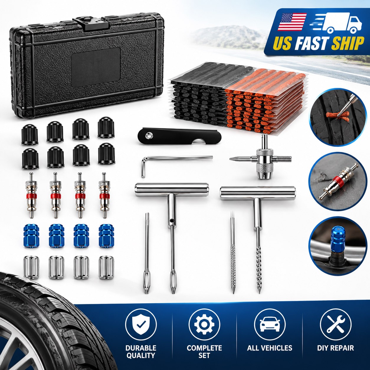 88PCS Set Tire Repair Kit Plug Car Truck Motorcycle DIY Flat Puncture Patch Tool
