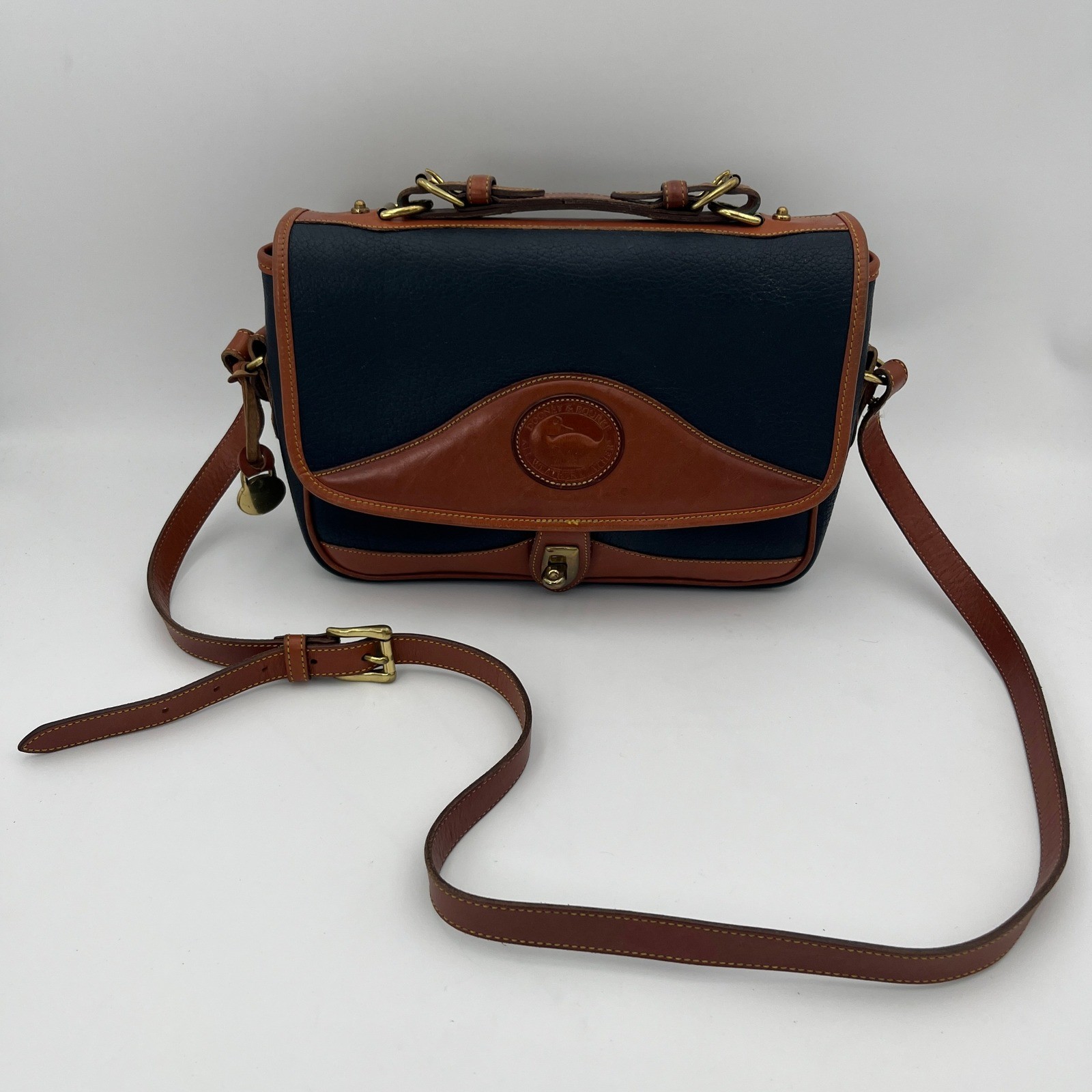 Dooney & Bourke Shoulder Bag Womens Navy Blue Brown All Weather Leather Satchel