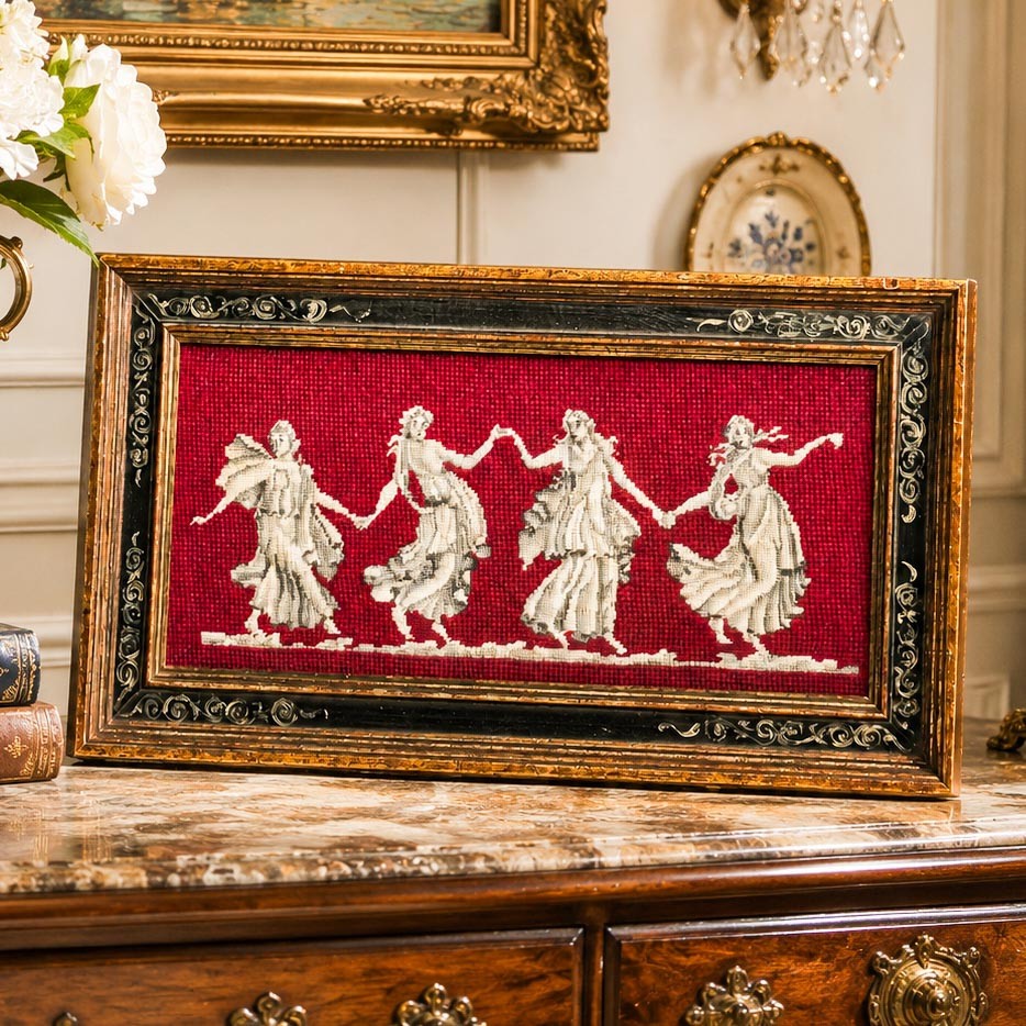 Neat Antique Framed Needlepoint Neoclassical Dancers Grand Tour Style Wall Art