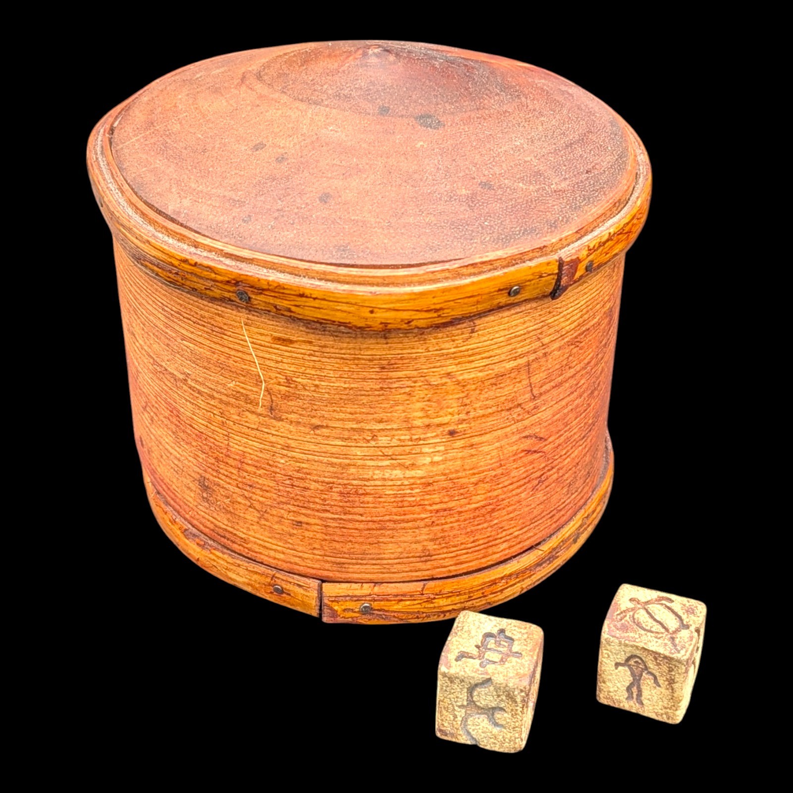 Antique Shaker Round Tapered Pantry Box /w Pair Of Stone Dice **See Photos Antique Shaker Round Tapered Pantry Box /w Pair Of Stone Dice **See Photos