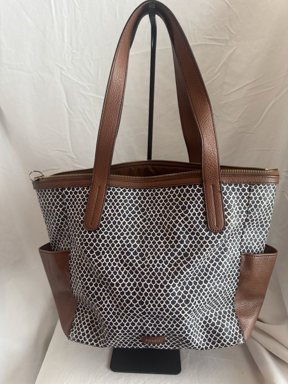 Fossil Blue White Print Brown Leather Trim Zip Top Shoulder Tote Bag