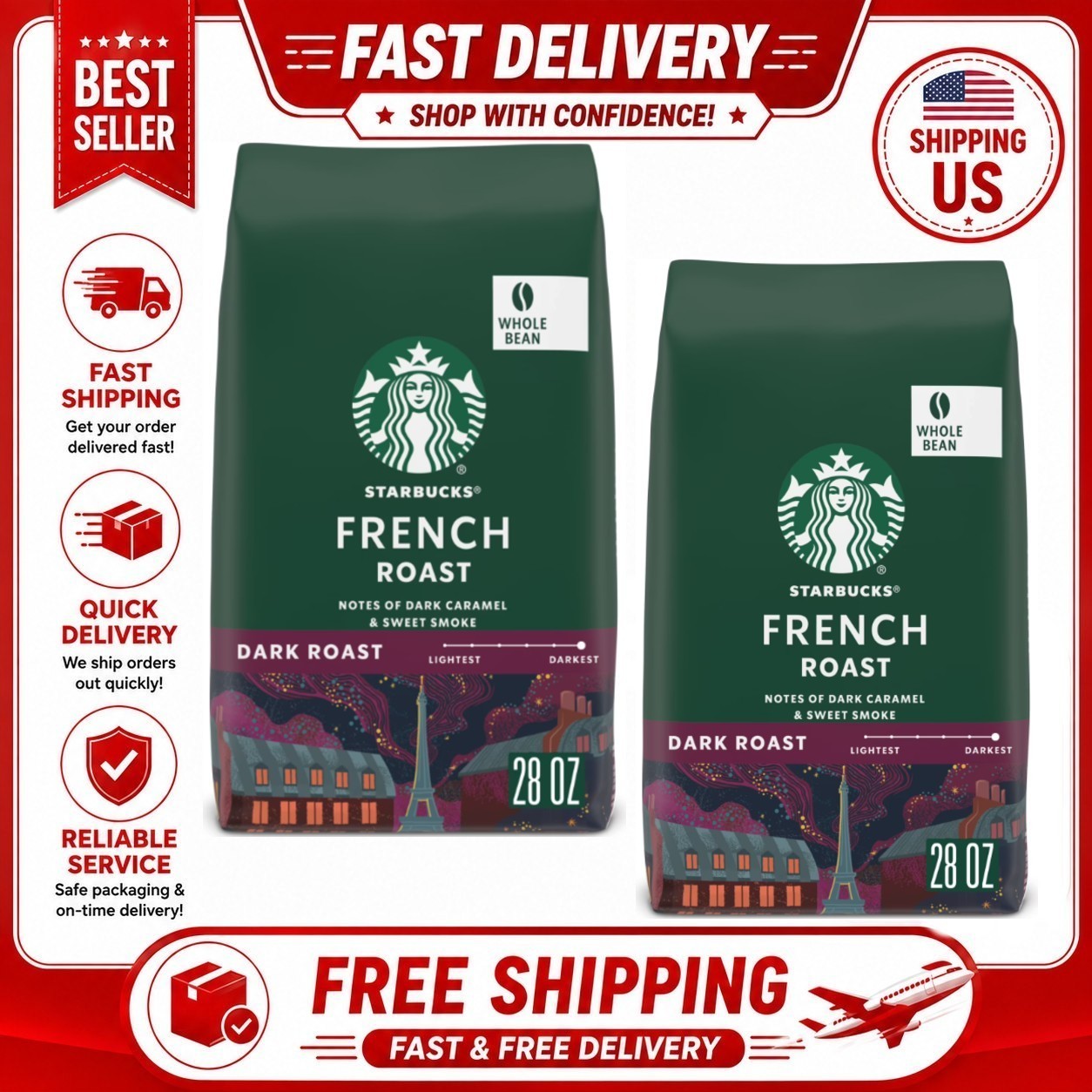 2Pack Starbucks French Roast,Whole Coffee Beans,Dark Roast Hot or Iced Coffee,28