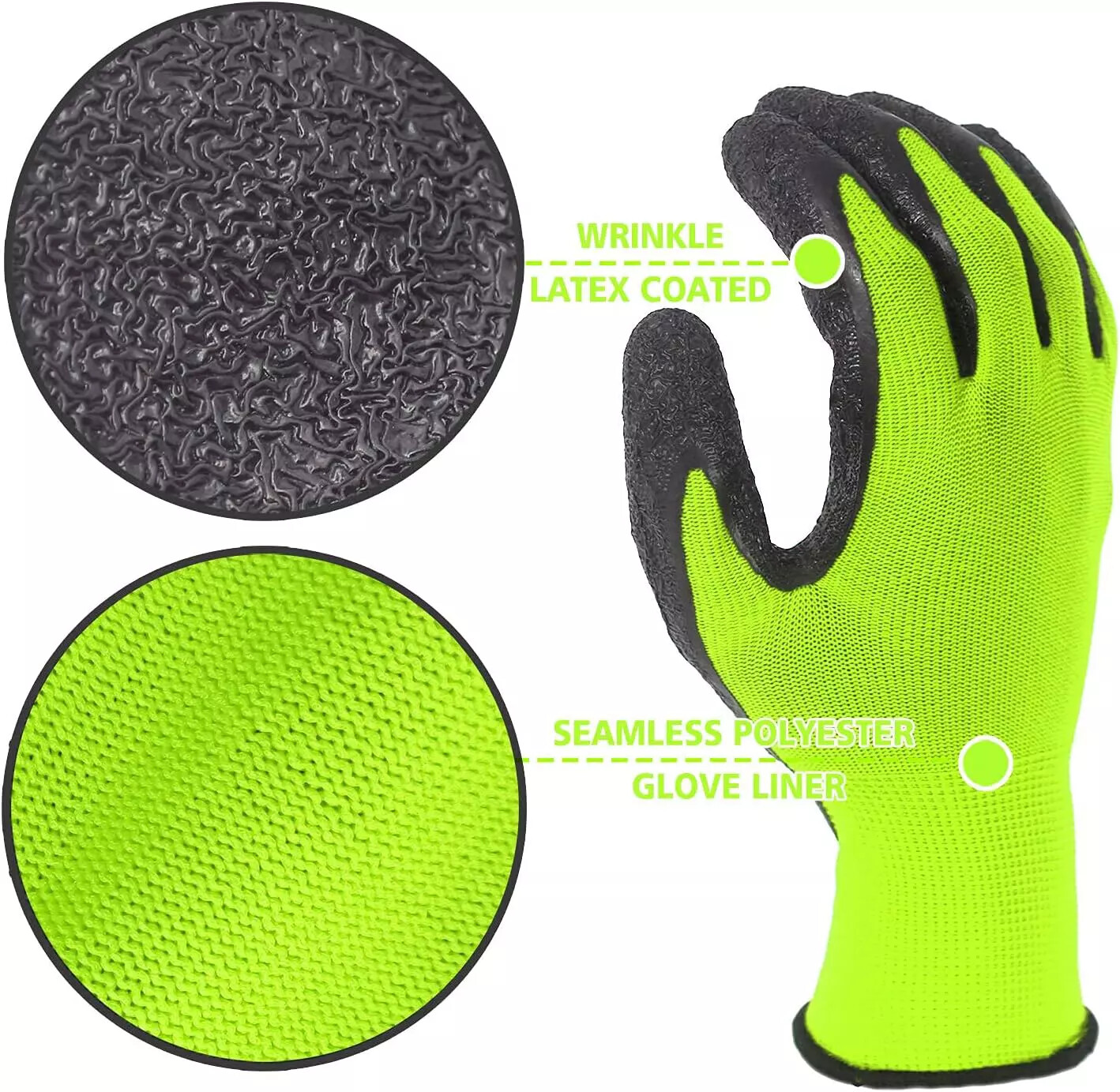 8 Pairs Crinkle Latex Rubber Work Gloves Hand Coated Safety Work Gloves - Green