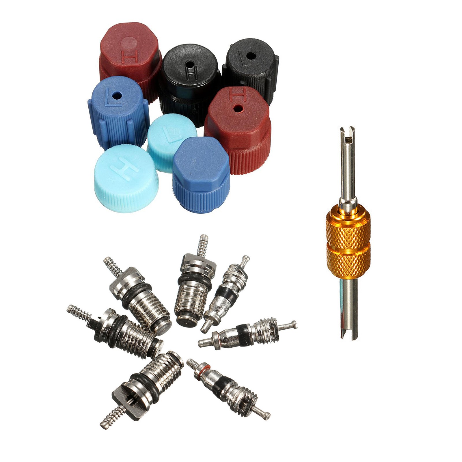 16PACK A/C Valve Core Kit AC System Cap & Valve Stem Cores Seal Remover Tool A