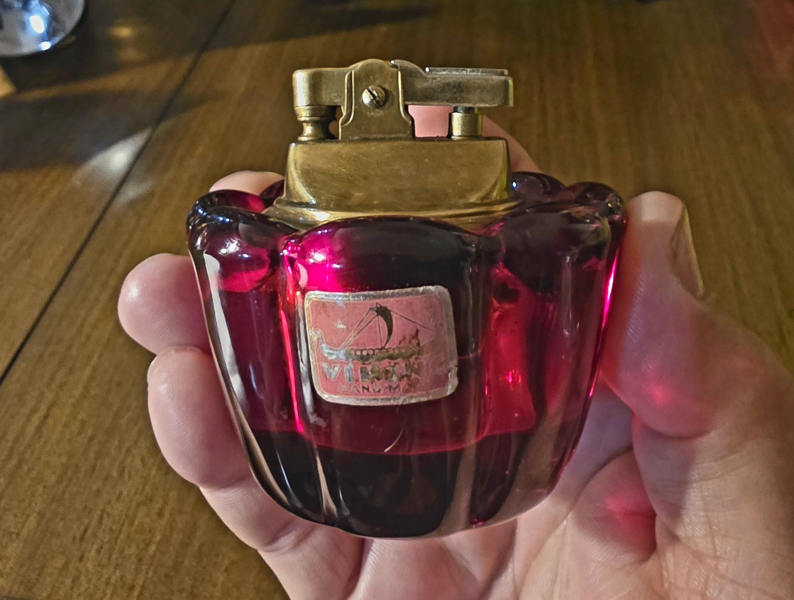 Vintage Viking Glass Ruby Red Table Lighter Mid Century Working W/ Label
