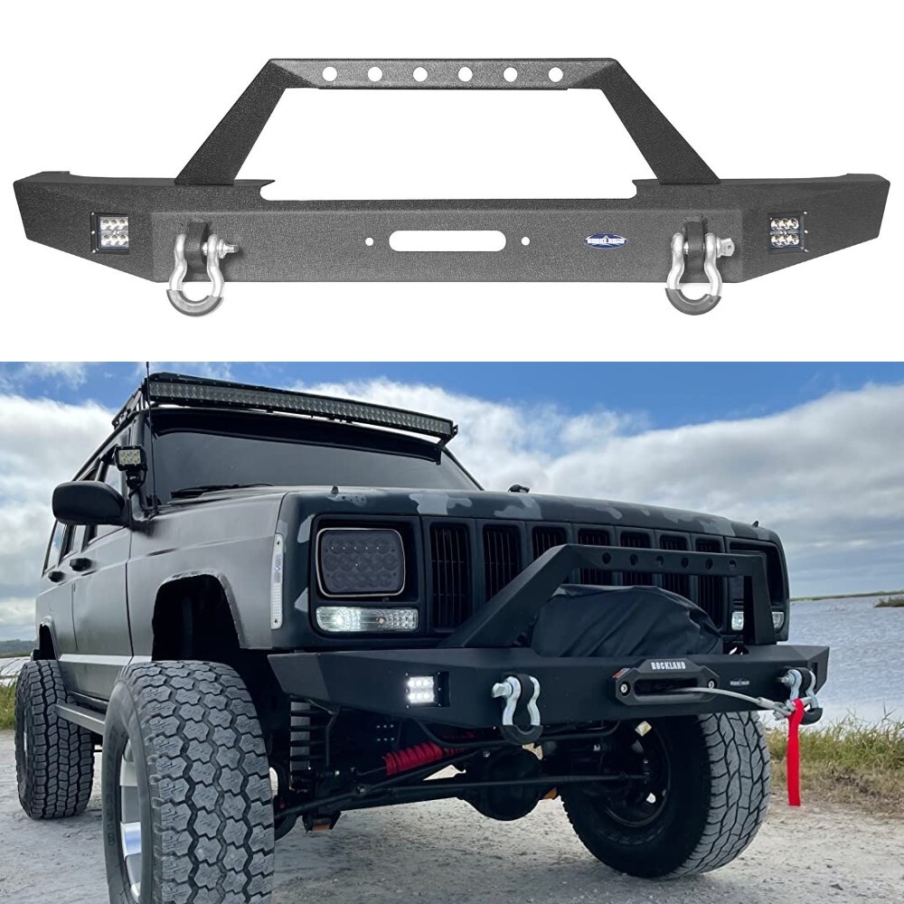Stubby Front Bumper w/ LED Spotlights & Winch Plate For Jeep Cherokee XJ 84-01 Stubby Front Bumper w/ LED Spotlights & Winch Plate For Jeep Cherokee XJ 84-01