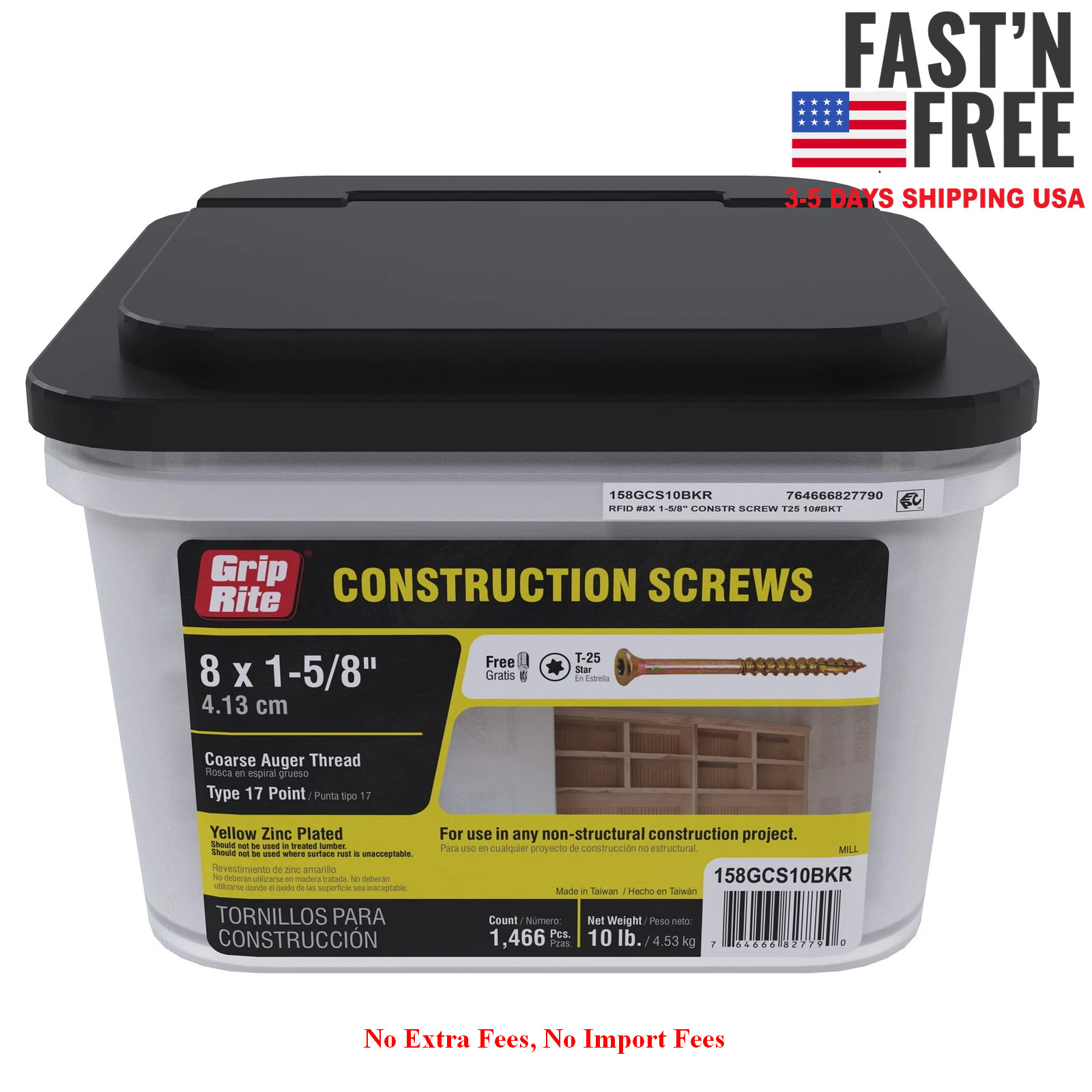 Grip-Rite #8 x 1-5/8 in. Star Drive Gold Construction Wood Screw 10 lb, NEW USA Grip-Rite #8 x 1-5/8 in. Star Drive Gold Construction Wood Screw 10 lb, NEW USA