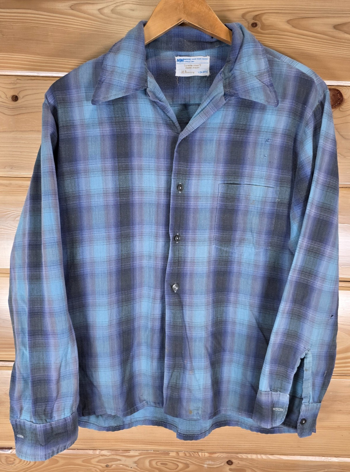 VTG 60’s Penneys Towncraft Shadow Plaid Loop Collar Button 22X24 Distress VTG 60’s Penneys Towncraft Shadow Plaid Loop Collar Button 22X24 Distress