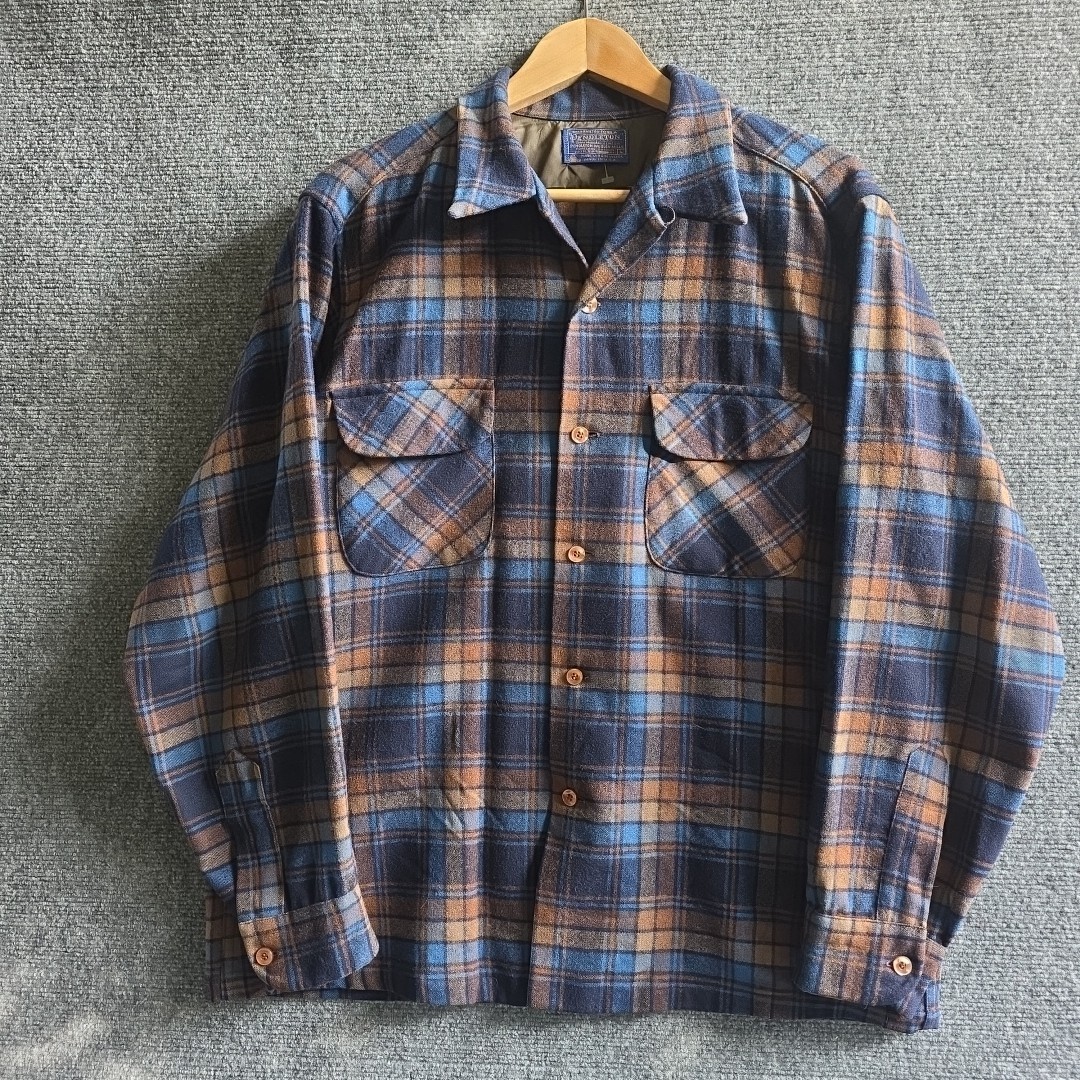 Pendleton Board Shirt Mens L 1960s Wool Blue Plaid Loop Collar USA Made Vintage