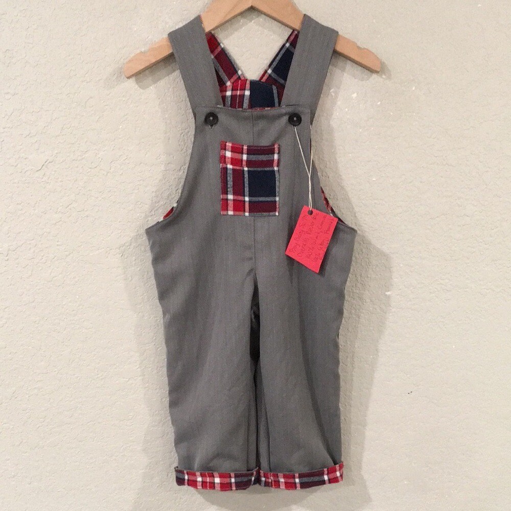 Overalls 100% Wool Baby Boy 9M Reversible Gray & Blue Checkered Lined Preppy