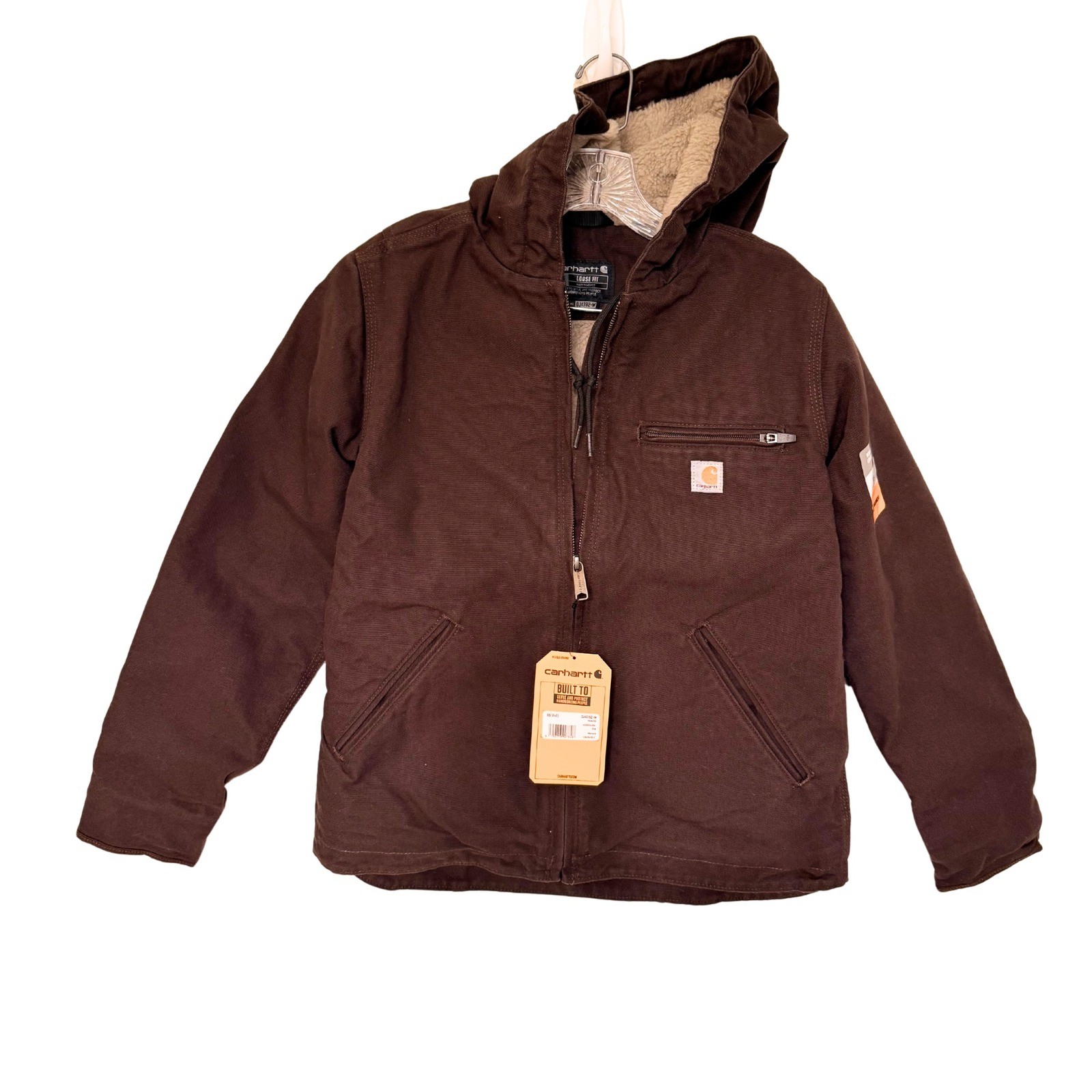 Carhartt Women\'s XS Loose Fit Sherpa Lined Washed Duck Jacket Dark Brown NWT