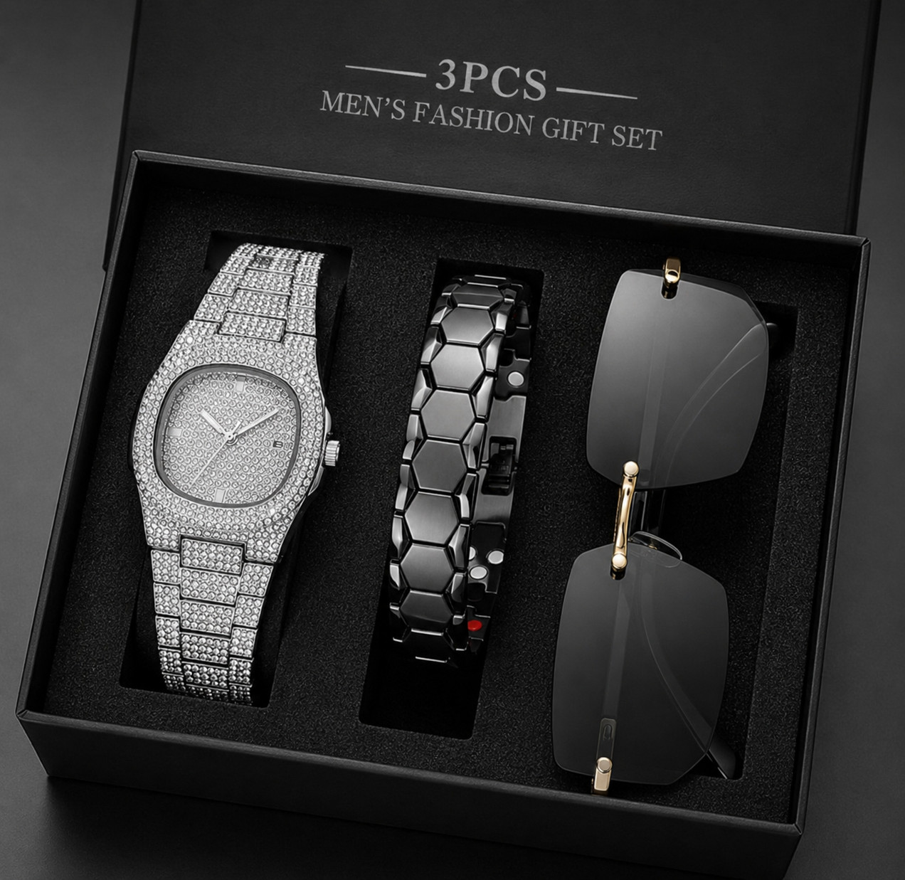 3PCS Men's Luxury Gift Set Watch Bracelet Sunglasses Fashion Jewelry Accessories