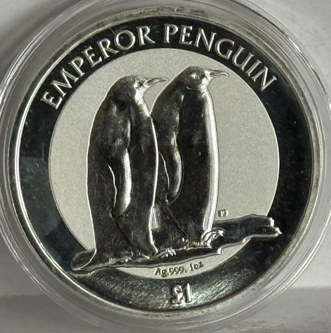2023 British Antarctic Territory Emperor Penguin 1 oz Silver coin Milkspot