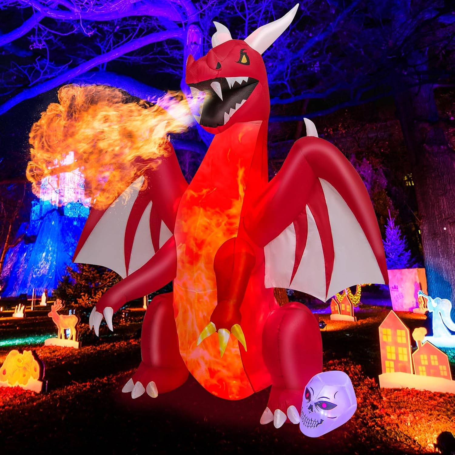 8 FT Halloween Inflatable Fire Dragon,Blow-up Red Dragon with Wings & Skull,Holi